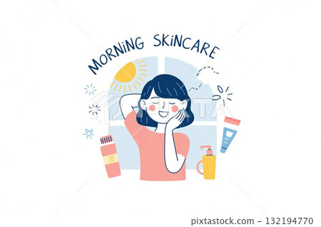 Illustration of a woman doing her morning skincare 132194770