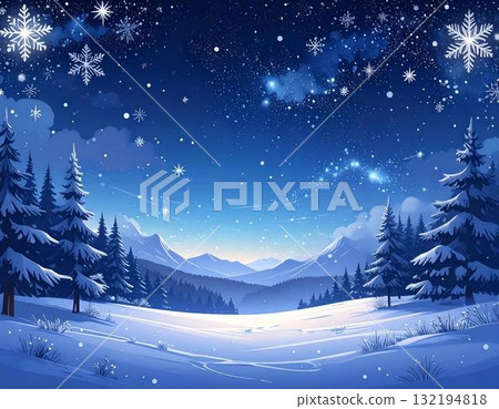 A fantastic forest landscape with snow and shining stars 132194818