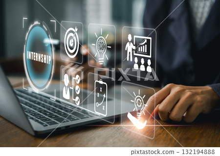 Illustration of a digital internship concept with business icons and a laptop, symbolizing career development and growth. 132194888