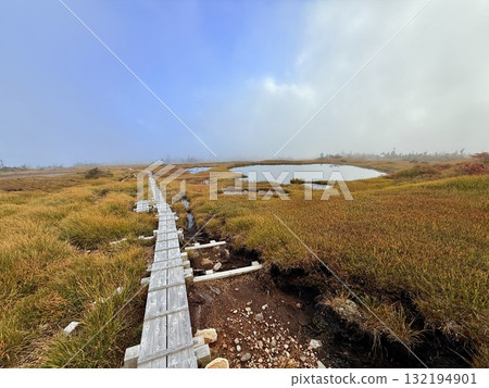The marshland and boardwalk of Mt. Naeba, and the pond lit up by autumn leaves 132194901