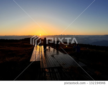 The marshland and boardwalk of Mt. Naeba, and the pond lit up by autumn leaves The marshland and boardwalk of Mt. Naeba, and the pond lit up by autumn leaves 132194946