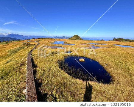 The marshland and boardwalk of Mt. Naeba, and the pond lit up by autumn leaves The marshland and boardwalk of Mt. Naeba, and the pond lit up by autumn leaves 132195016