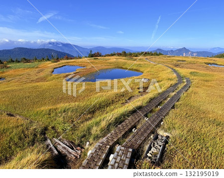 The marshland and boardwalk of Mt. Naeba, and the pond lit up by autumn leaves 132195019