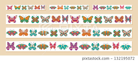 Groovy retro butterfly seamless border set with colorful pattern and nature theme. Y2k inspired pack in collection format as illustration for creative frame or border application, perfect for modern Groovy retro butterfly seamless border set with colorful pattern and nature theme. Y2k inspired pack in collection format as illustration for creative frame or border application, perfect for modern 132195072