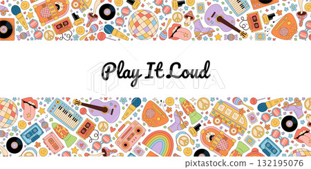 Groovy retro music party banner poster with colorful doodle guitar, record, cassette, and boombox elements. Y2k background and festival graphic create vibrant, playful atmosphere for creative 132195076
