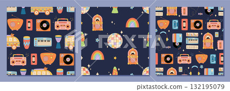 Groovy retro seamless music pattern with record, disco, cassette and boombox style as background set. Funky and colorful set with rainbow accent, y2k vintage look, stylish for pattern collection. Groovy retro seamless music pattern with record, disco, cassette and boombox style as background set. Funky and colorful set with rainbow accent, y2k vintage look, stylish for pattern collection. 132195079