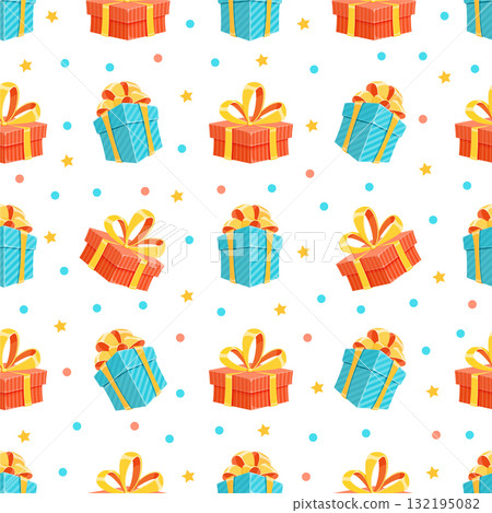 Cartoon gift boxes with ribbon in a seamless pattern. Presents with bows create a holiday background. Perfect for birthday package design and festive celebrations. Cartoon gift boxes with ribbon in a seamless pattern. Presents with bows create a holiday background. Perfect for birthday package design and festive celebrations. 132195082