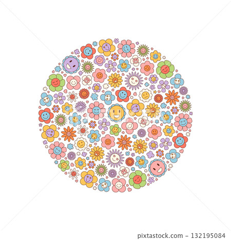Groovy y2k flower circle sticker with colorful doodle smile and happy floral design. Fun retro background, vintage concept, lively decorative element for playful mood. Groovy y2k flower circle sticker with colorful doodle smile and happy floral design. Fun retro background, vintage concept, lively decorative element for playful mood. 132195084