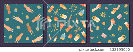 Flat seamless pattern with sunscreen bottle, sunblock tube and SPF lotion in repeated shapes. Hold cosmetic container, sun cream and sun care product for summer, pattern background, seamless Flat seamless pattern with sunscreen bottle, sunblock tube and SPF lotion in repeated shapes. Hold cosmetic container, sun cream and sun care product for summer, pattern background, seamless 132195090