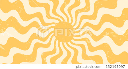 Retro groovy sunshine burst with grunge style and bold yellow orange sun on a wavy background. Grungy y2k vibe creates a nostalgic mood in horizontal format for creative wallpaper and decor. Retro groovy sunshine burst with grunge style and bold yellow orange sun on a wavy background. Grungy y2k vibe creates a nostalgic mood in horizontal format for creative wallpaper and decor. 132195097