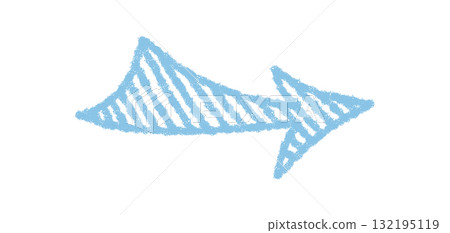 Hand drawn arrow in a wavy chalk style with pastel blue stroke creates a unique symbol and icon. This sketch element offers simple, handdrawn form for use as an artistic and creative element. 132195119