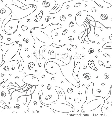 Seamless underwater pattern with marine life, including jellyfish, snails, and mollusks in an aquatic ocean design. Fine outline doodle art style captures the essence of sea creatures. Perfect ocean 132195120