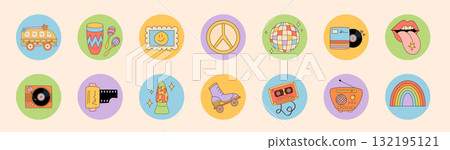 Groovy retro music sticker with colorful disco, cassette and radio graphic in a circle shape. Fun y2k record style for package lid and package seal, perfect for playful product labeling. Groovy retro music sticker with colorful disco, cassette and radio graphic in a circle shape. Fun y2k record style for package lid and package seal, perfect for playful product labeling. 132195121