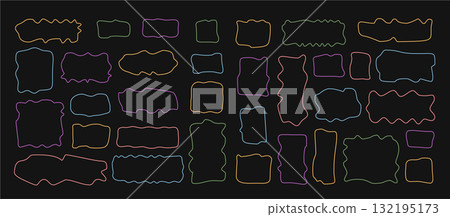 Hand drawn wavy frame and bubble shapes on black background create an organic quote set. Collection of doodle outline template and rectangle banner shape for modern abstract note, comment or message 132195173