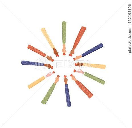 Colorful hands holding hearts, symbol of love and charity. Raised arms represent diverse community and giving spirit. Perfect for volunteer, philanthropy, unity concepts. 132195196