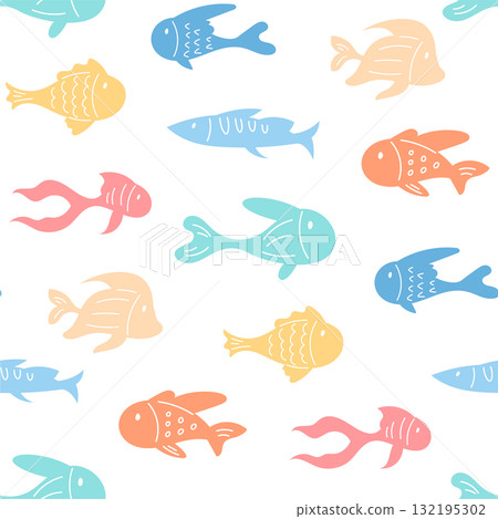Seamless flat pattern of underwater fish. Marine life undersea with ocean and aquatic creatures in a cartoon graphic style. Summer sea background perfect for vibrant aquatic themes. Seamless flat pattern of underwater fish. Marine life undersea with ocean and aquatic creatures in a cartoon graphic style. Summer sea background perfect for vibrant aquatic themes. 132195302