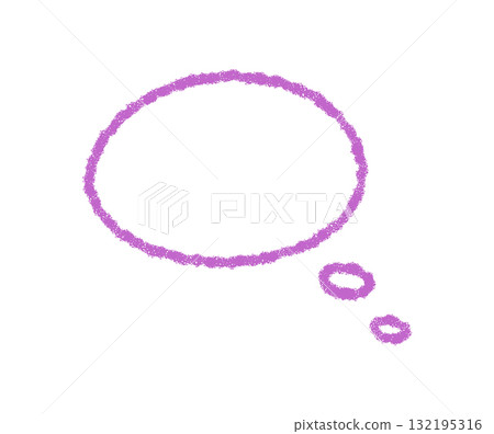 Hand drawn purple crayon contour of an organic oval thought balloon, with sketch lines and a round bubble for chat or speech. Artistic graphic with rectangle element, ideal as a talk or message 132195316