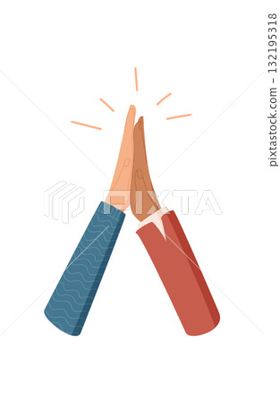 Flat style highfive gesture with diverse hands. Symbol of teamwork and solidarity. A representation of partnership, friendship, and people unity. Colorful artwork for social themes, community 132195318