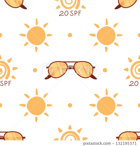Flat seamless sunscreen bottle sun background pattern. Pattern of cosmetic sunblock bottles with SPF, sunglasses, lotion, for sun protection. Summer background, flat style wallpaper, seamless skincare Flat seamless sunscreen bottle sun background pattern. Pattern of cosmetic sunblock bottles with SPF, sunglasses, lotion, for sun protection. Summer background, flat style wallpaper, seamless skincare 132195371