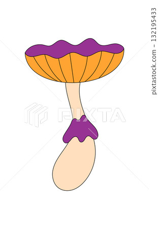 Groovy retro psychedelic mushroom in funky orange color. Cartoon shroom and magic groovy element in trippy y2k style. Funky sticker for fantasy or pop art concept, playful and colorful aesthetic. 132195433