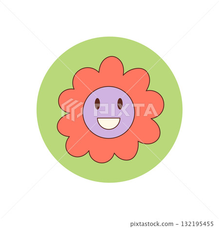 Groovy colorful flower sticker with a cute happy smiley in retro cartoon graphic style. This cheerful patch and circle lid brings y2k and groovy element appeal, ideal for fun box seal or playful 132195455