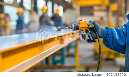Industrial worker using spray gun on metal beam in factory setting Industrial worker using spray gun on metal beam in factory setting 132195510