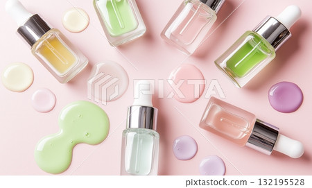 Colorful cosmetic serum bottles and drops on pink background Colorful cosmetic serum bottles and drops on pink background 132195528