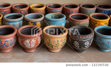 Colorful handcrafted ceramic pottery with floral patterns in various designs and colors 132195530