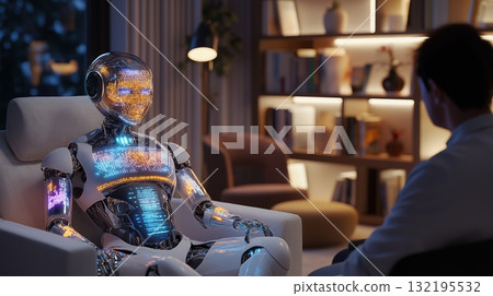 Futuristic robot with leds chatting with male in modern living room Futuristic robot with leds chatting with male in modern living room 132195532