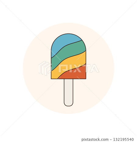 Groovy colorful retro sticker with flat circle patch as unique package lid seal. Modern y2k graphic, flat and playful, for trendy product label or fun package branding. Groovy colorful retro sticker with flat circle patch as unique package lid seal. Modern y2k graphic, flat and playful, for trendy product label or fun package branding. 132195540