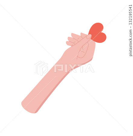 Hand holding a red heart symbol in flat style. The gesture symbolizes love, aid, and care. Represents charity and support, creative colorful concept for cards or volunteerism. Hand holding a red heart symbol in flat style. The gesture symbolizes love, aid, and care. Represents charity and support, creative colorful concept for cards or volunteerism. 132195541