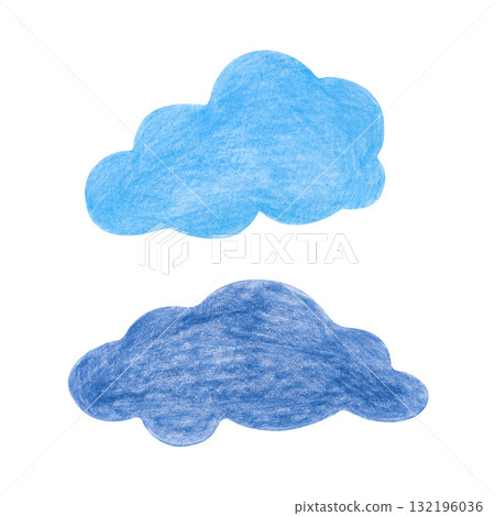 Two blue clouds, hand-drawn. The drawing with colored pencils is isolated on a white background. Clipart. A child's drawing. Two blue clouds, hand-drawn. The drawing with colored pencils is isolated on a white background. Clipart. A child's drawing. 132196036