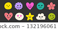 Face smile emoji doodle icon sticker set. Cute kid doodle style funny face emoji smile sticker. Funny cartoon emoticon heart, star, flower trendy character shape. Vector 132196061
