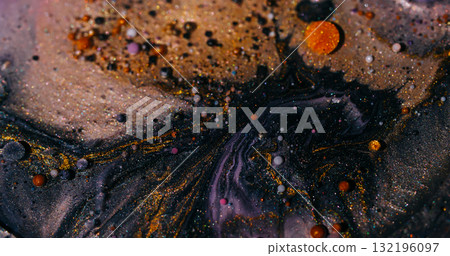 Oil flow. Bubble mix liquid. Defocused orange purple pink colorful glitter paint water round texture floating on abstract acrylic art background. 132196097