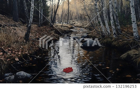 Red leaf floating on calm autumn stream in forest Red leaf floating on calm autumn stream in forest 132196253