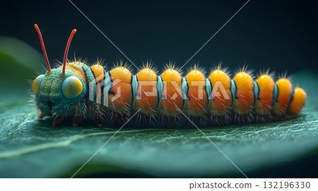 Vibrant colorful caterpillar macro photography detailed insect texture 132196330