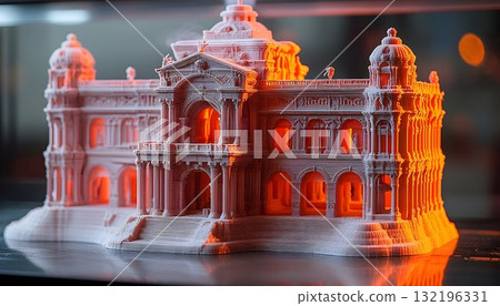 Intricate 3 d printed architectural building model orange lighting Intricate 3 d printed architectural building model orange lighting 132196331