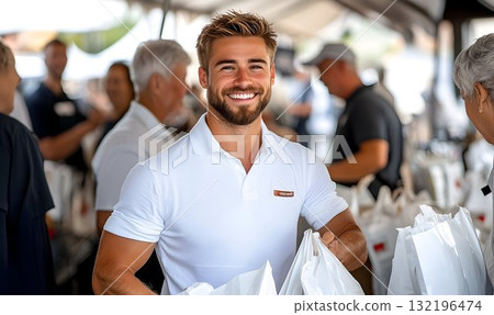 Smiling volunteer distributing aid outdoors bright sunlight Smiling volunteer distributing aid outdoors bright sunlight 132196474