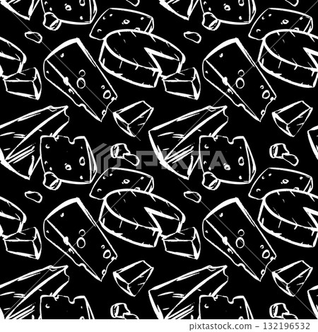 A vector background with various cheeses: Swiss, soft Camembert, Parmesan, Brie, Gouda, and Cheddar. This hand-drawn seamless pattern features farmhouse cheese. It mimics a quick ink and brush sketch. 132196532