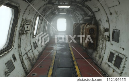 Grunge metal corridor interior dimly lit worn textures science fiction industrial design background Grunge metal corridor interior dimly lit worn textures science fiction industrial design background 132196655