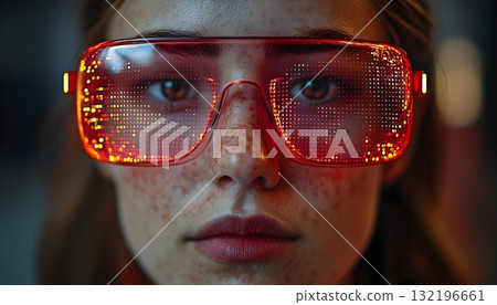 Futuristic illuminated eyewear woman in red digital glasses technology concept 132196661