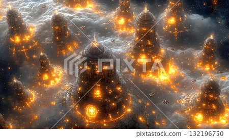 Glowing cloud city digital fantasy art aerial view Glowing cloud city digital fantasy art aerial view 132196750