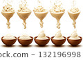 Creamy food in bowls splashing and falling motion white background 132196998