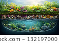 Vibrant underwater and above water ecosystem diverse flora and fauna colorful coral reef scene 132197000