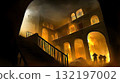 Burning building at night architectural details figures in foreground 132197002