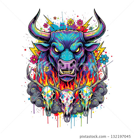 Intense, neon bull's head with a furious glare, framed by flames, flowers, and deer skulls in a colorful, street-art aesthetic. Intense, neon bull's head with a furious glare, framed by flames, flowers, and deer skulls in a colorful, street-art aesthetic. 132197045