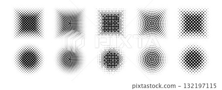 Halftone gradient shape set. Dotted textured round and square patterns. Cartoon faded background collection. Pixel bitmap element pack for frame, poster, collage, banner. Vector comic border bundle Halftone gradient shape set. Dotted textured round and square patterns. Cartoon faded background collection. Pixel bitmap element pack for frame, poster, collage, banner. Vector comic border bundle 132197115