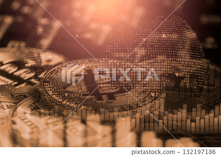 Modern way of exchange. Bitcoin is convenient payment in global economy market. Virtual digital currency and financial investment trade concept. Abstract cryptocurrency with gold bitcoin background. Modern way of exchange. Bitcoin is convenient payment in global economy market. Virtual digital currency and financial investment trade concept. Abstract cryptocurrency with gold bitcoin background. 132197186