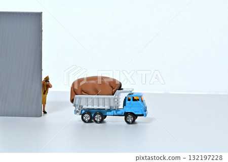 A woman photographs a fully loaded dump truck 132197228