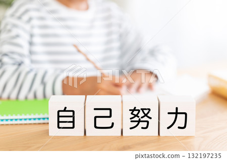 Elementary school boy studying with self-effort blocks Elementary school boy studying with self-effort blocks 132197235